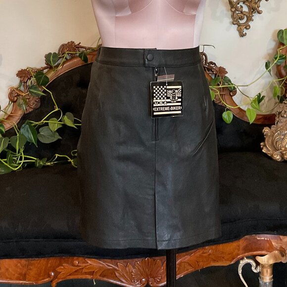 USA Extreme Biker Leather 100% Real Mini Skirt Size 17/18 Black - Picture 1 of 8